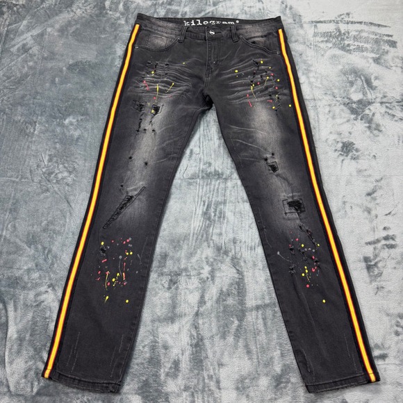 Kilogram Mens Distressed Paint Splatter Fade Side Stripe Jeans Black Size 36X31 - Picture 2 of 10